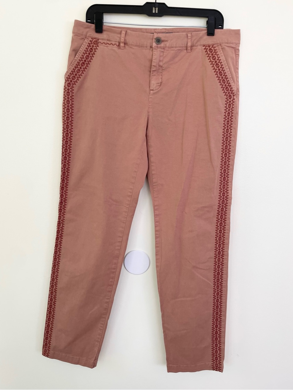 Garnet Hill Organic Cotton Embroidered Detail Chino Pants Terracotta Rust Red 10
